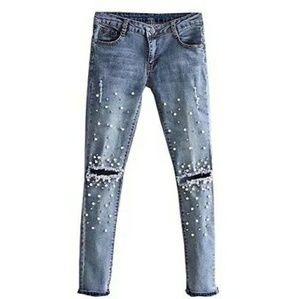 🆕Destroyed Ripped Pearled Slim Jeans